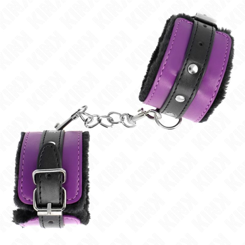KINK - RESTRIÇÕES DE PULSO PREMIUM FORRADAS DE PELE PRETAS COM CINTO ROXO/PRETO AJUSTÁVEL 17-29 CM X 6 CM