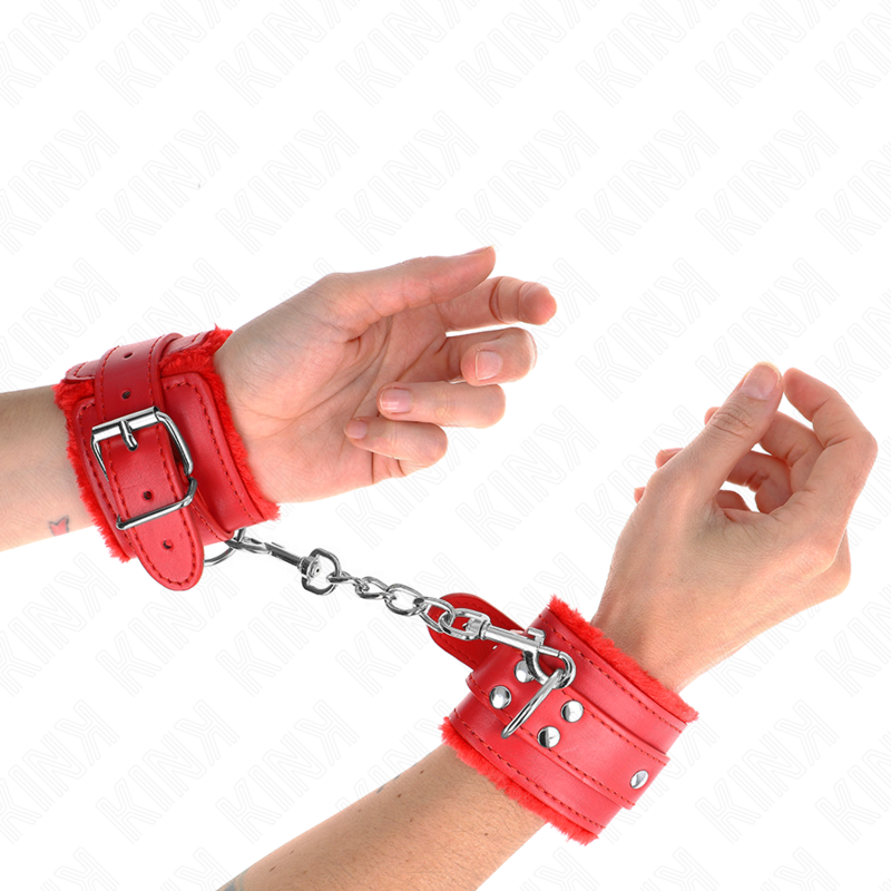 KINK - RESTRIÇÕES DE PULSO FORRADAS DE PELE VERMELHAS COM CINTO VERMELHO AJUSTÁVEL 17-29 CM X 6 CM