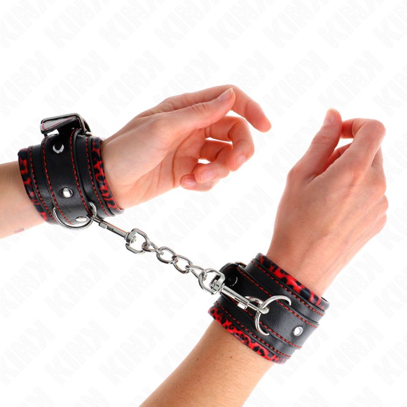 KINK - RESTRIÇÕES DE PULSO FORRADAS DE PELE VERMELHO/PRETO AJUSTÁVEIS 17-29 CM X 6 CM