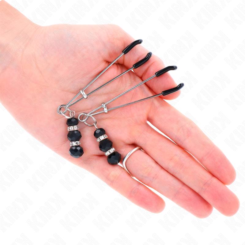KINK - Grampos finos dourados para mamilos com 3 contas de vidro pretas de 7 cm