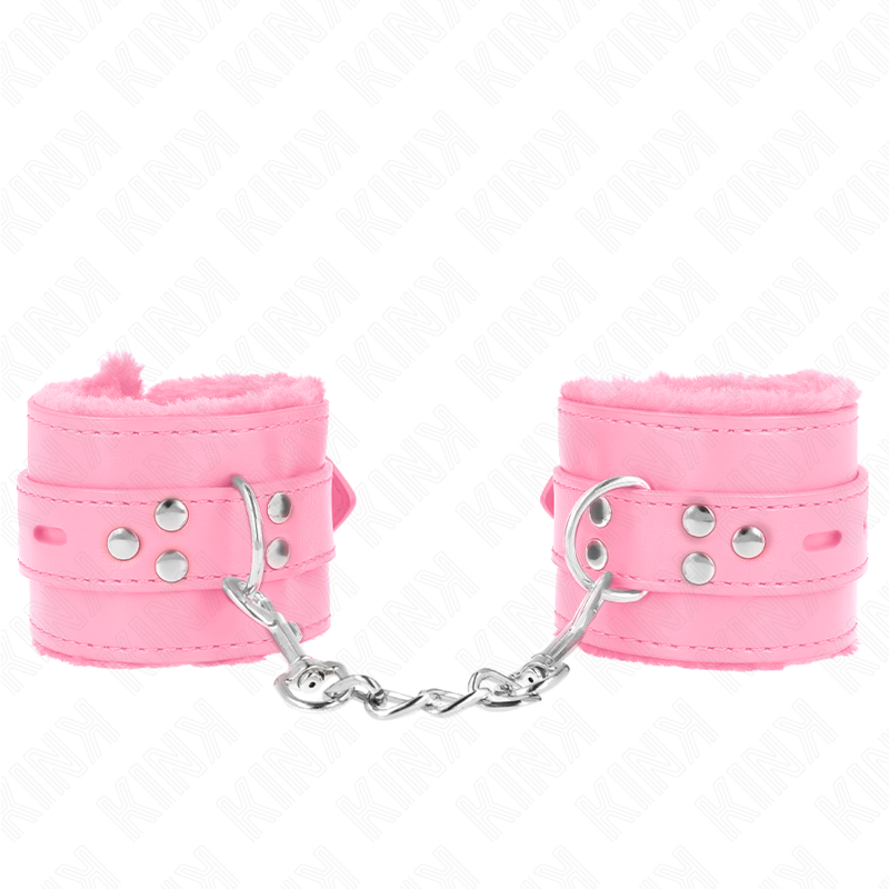 KINK - PULSEIRAS FORRADAS DE PELE COM FUROS QUADRADOS ROSA E CINTO ROSA AJUSTÁVEL 17-29 CM X 6 CM