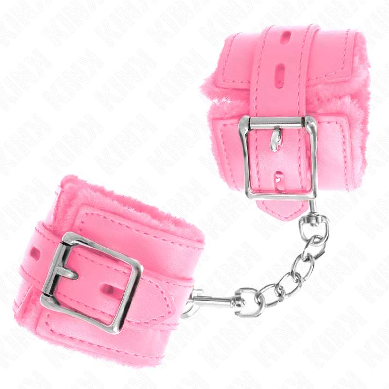 KINK - PULSEIRAS FORRADAS DE PELE COM FUROS QUADRADOS ROSA E CINTO ROSA AJUSTÁVEL 17-29 CM X 6 CM