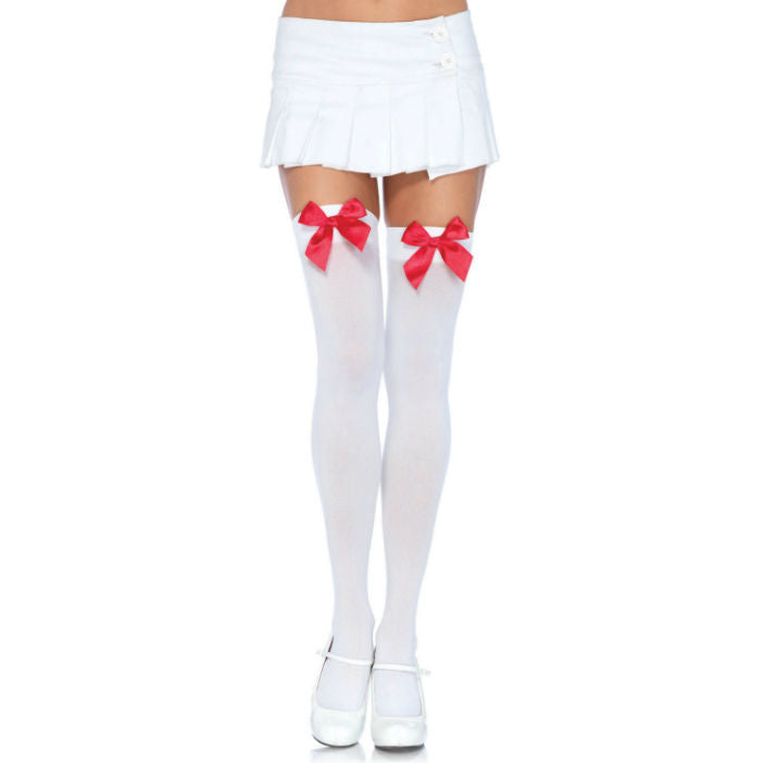 LEG AVENUE - MEIAS DE NYLON COM LAÇO BRANCO / VERMELHO