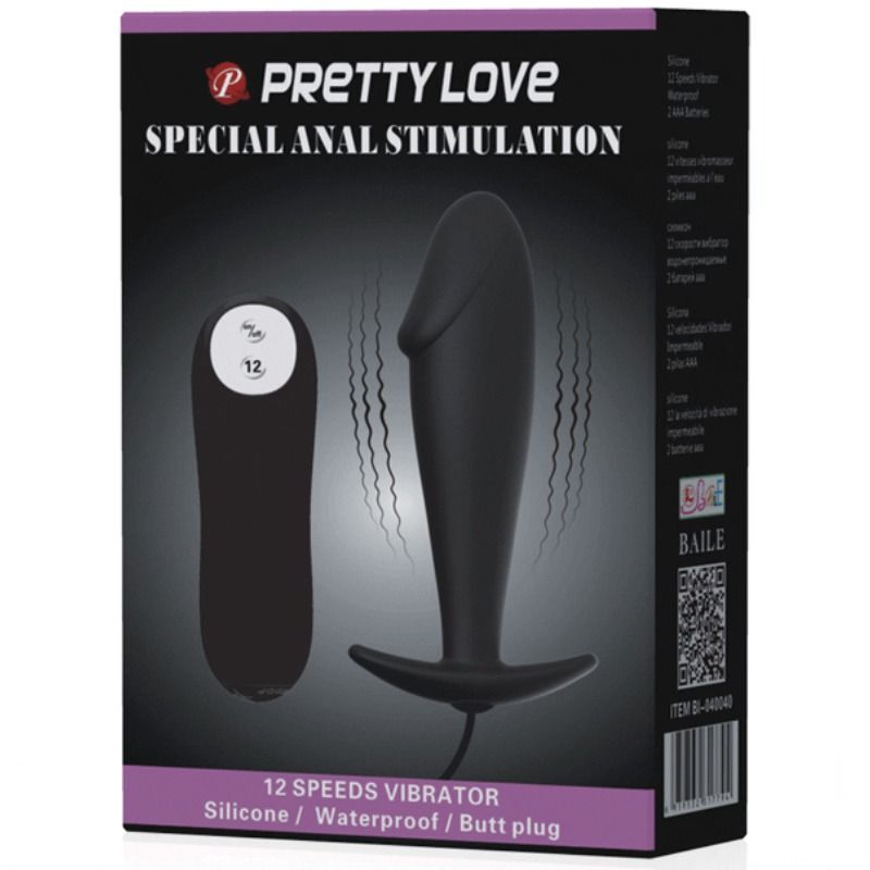 PRETTY LOVE - PLUG ANAL DE SILICONE COM FORMA DE PÊNIS E 12 MODOS DE VIBRAÇÃO PRETO