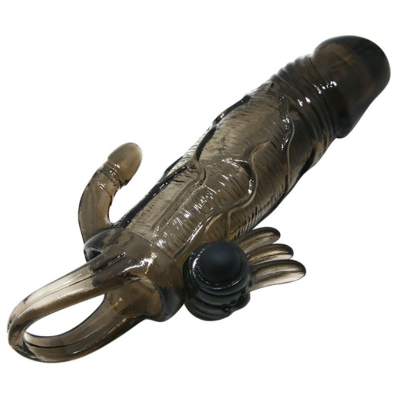 BAILE - BRAVE MAN CAPA PARA PÊNIS COM ESTIMULAÇÃO DE CLITÓRIS E ANAL BALA DUPLA PRETA 16,5 CM