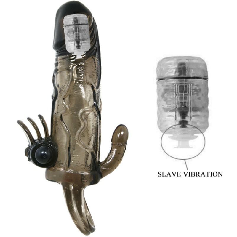BAILE - BRAVE MAN CAPA PARA PÊNIS COM ESTIMULAÇÃO DE CLITÓRIS E ANAL BALA DUPLA PRETA 16,5 CM