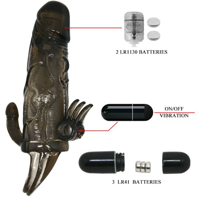 BAILE - BRAVE MAN CAPA PARA PÊNIS COM ESTIMULAÇÃO DE CLITÓRIS E ANAL BALA DUPLA PRETA 16,5 CM