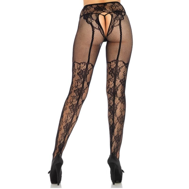 LEG AVENUE - MEIA DE MEIA COM DESIGN DE FLORES, COSTAS SEM FUNDO, TAMANHO ÚNICO