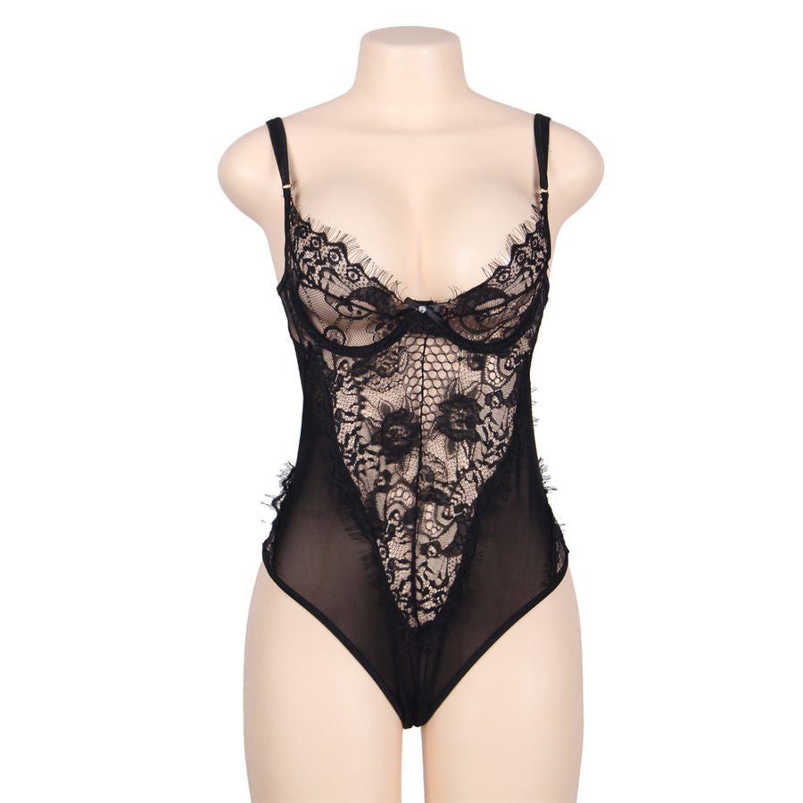SUBBLIME - TEDDY NEGRO CON ENCAJE FLORAL Y FLECOS QUEEN PLUS