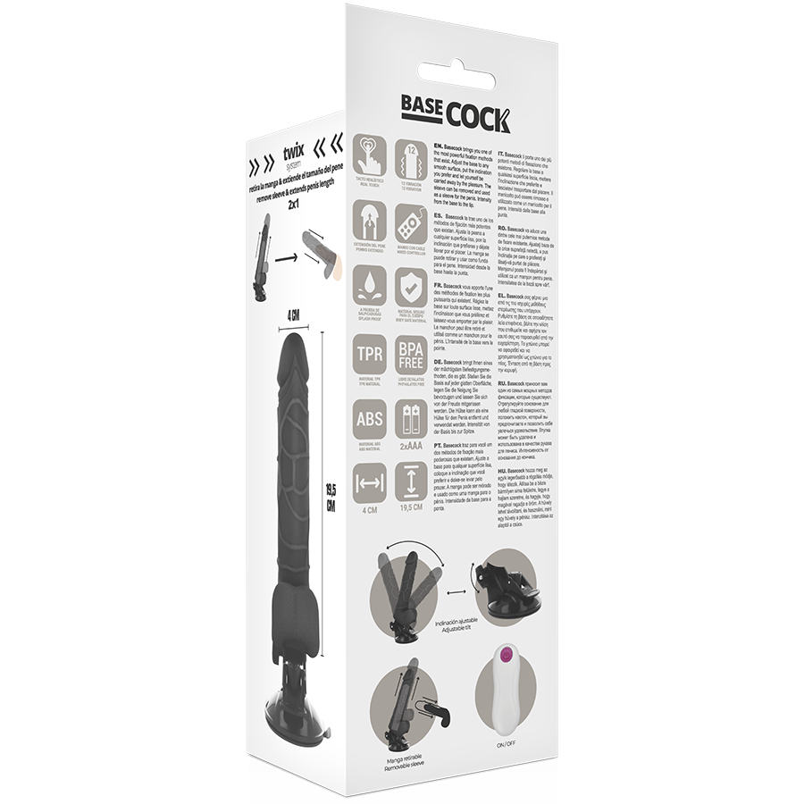 BASECOCK - VIBRADOR REALISTA CONTROL REMOTO NEGRO CON TESTICULOS 19.5 CM -O- 4 CM