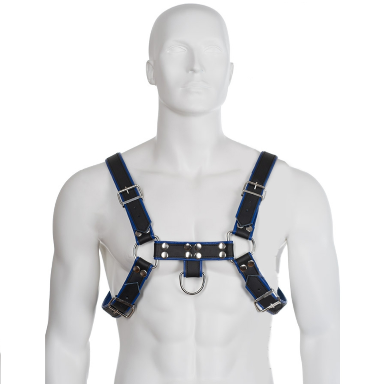 CORPO DE COURO - ARNÊS DE COURO AZUL E PRETO BULLDOG DE PEITO