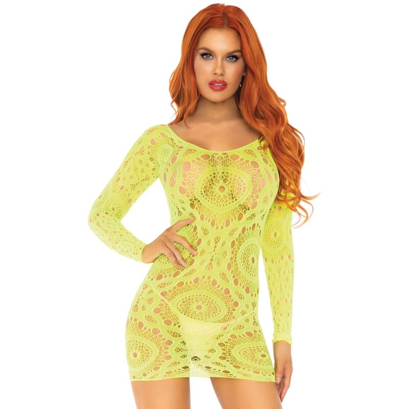 LEG AVENUE - VESTIDO MINI DE MANGA LARGA CON ENCAJE DE GANCHILLO, TALLA ÚNICA NEÓN