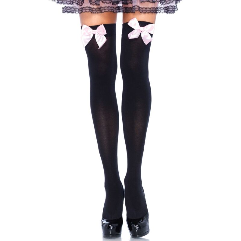 LEG AVENUE - MEIAS ALTAS DE NYLON PRETAS COM LAÇO ROSA TAMANHO ÚNICO