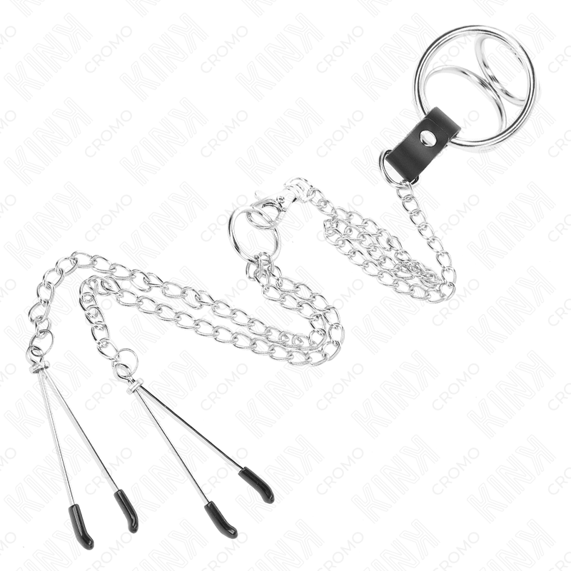 KINK - TRIPLE CHROME METAL PENIS RING 3 CM TO 4.5 CM WITH 26 CM METAL CHAIN AND NIPPLE CLIPS - Toys "n" Us