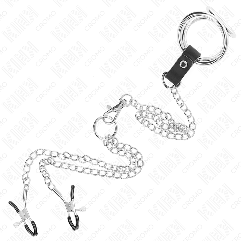 KINK - TRIPLE CHROME METAL PENIS RING 3.8 CM TO 5 CM WITH 26 CM METAL CHAIN AND NIPPLE CLAMPS MODEL 1 - Toys "n" Us