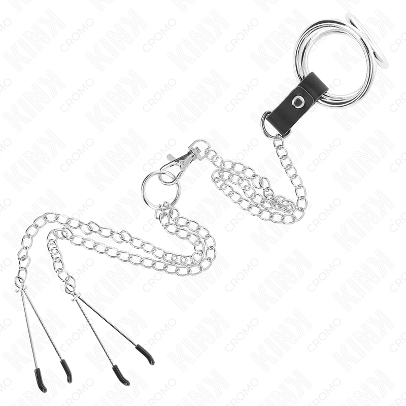 KINK - TRIPLE CHROME METAL PENIS RING 3.8 CM TO 5 CM WITH 26 CM METAL CHAIN AND NIPPLE CLAMPS MODEL 2 - Toys "n" Us