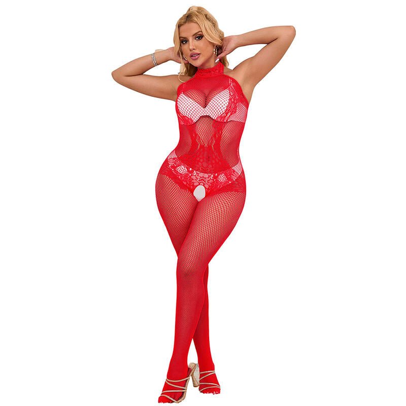 SUBBLIME - 952372 FISHNET AND LACE CROTCHLESS BODYSTOCKING WITH HIGH NECK RED ONE SIZE - Toys "n" Us