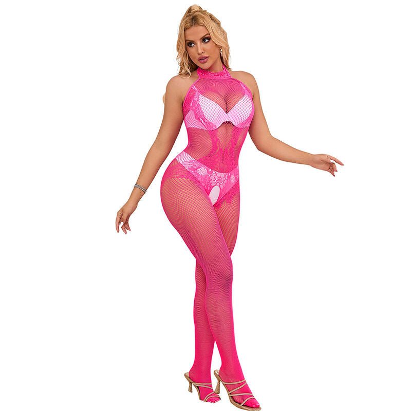 SUBBLIME - 952389 FISHNET AND LACE CROTCHLESS BODYSTOCKING WITH HIGH NECK PINK ONE SIZE - Toys "n" Us