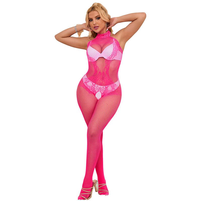 SUBBLIME - 952389 FISHNET AND LACE CROTCHLESS BODYSTOCKING WITH HIGH NECK PINK ONE SIZE - Toys "n" Us