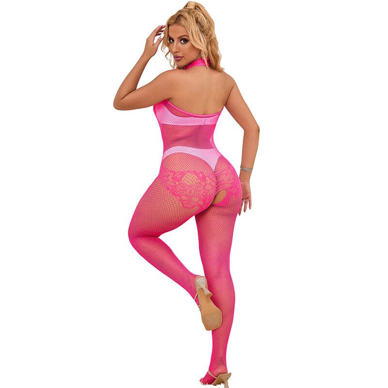 SUBBLIME - 952389 FISHNET AND LACE CROTCHLESS BODYSTOCKING WITH HIGH NECK PINK ONE SIZE - Toys "n" Us