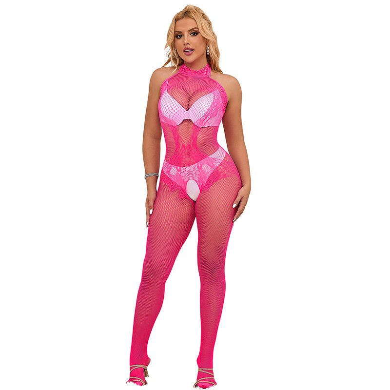 SUBBLIME - 952389 FISHNET AND LACE CROTCHLESS BODYSTOCKING WITH HIGH NECK PINK ONE SIZE - Toys "n" Us