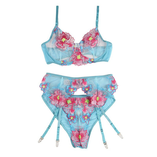 SUBBLIME - 954116 BRA + PANTIES WITH GARTER BELT FLORAL DESIGN BLUE L/XL - Toys "n" Us