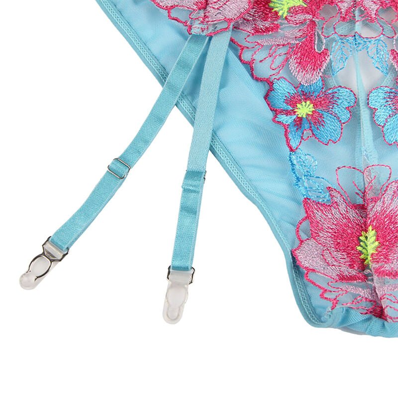 SUBBLIME - 954116 BRA + PANTIES WITH GARTER BELT FLORAL DESIGN BLUE L/XL - Toys "n" Us