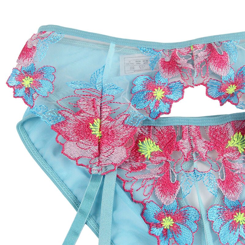 SUBBLIME - 954116 BRA + PANTIES WITH GARTER BELT FLORAL DESIGN BLUE L/XL - Toys "n" Us