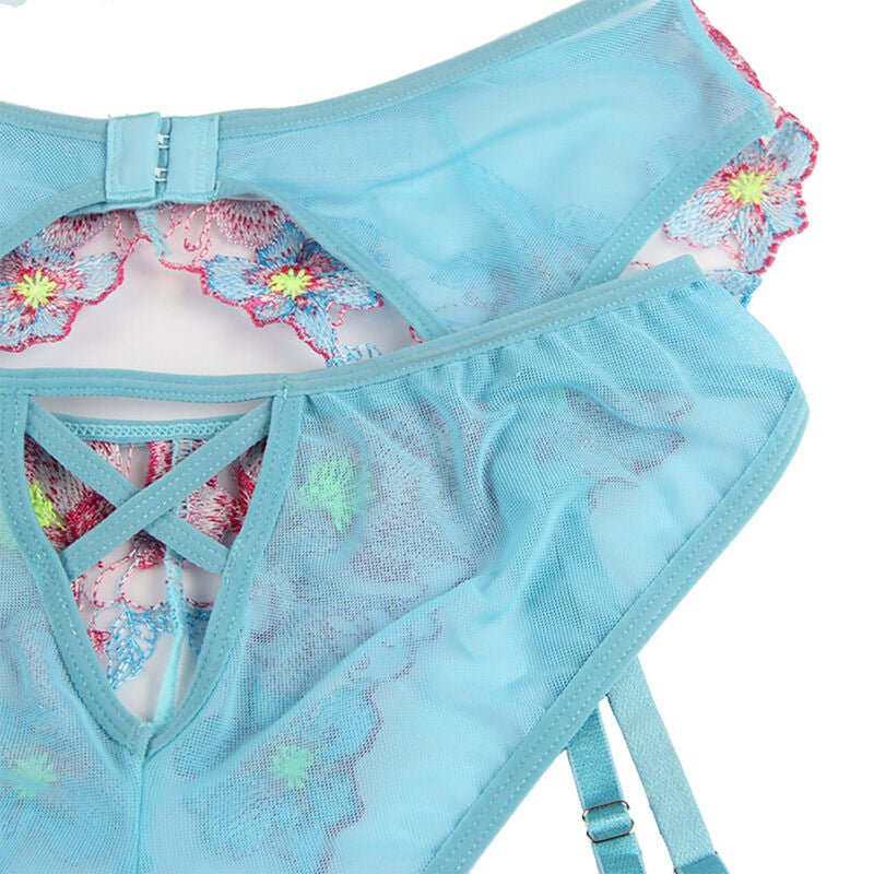 SUBBLIME - 954116 BRA + PANTIES WITH GARTER BELT FLORAL DESIGN BLUE L/XL - Toys "n" Us