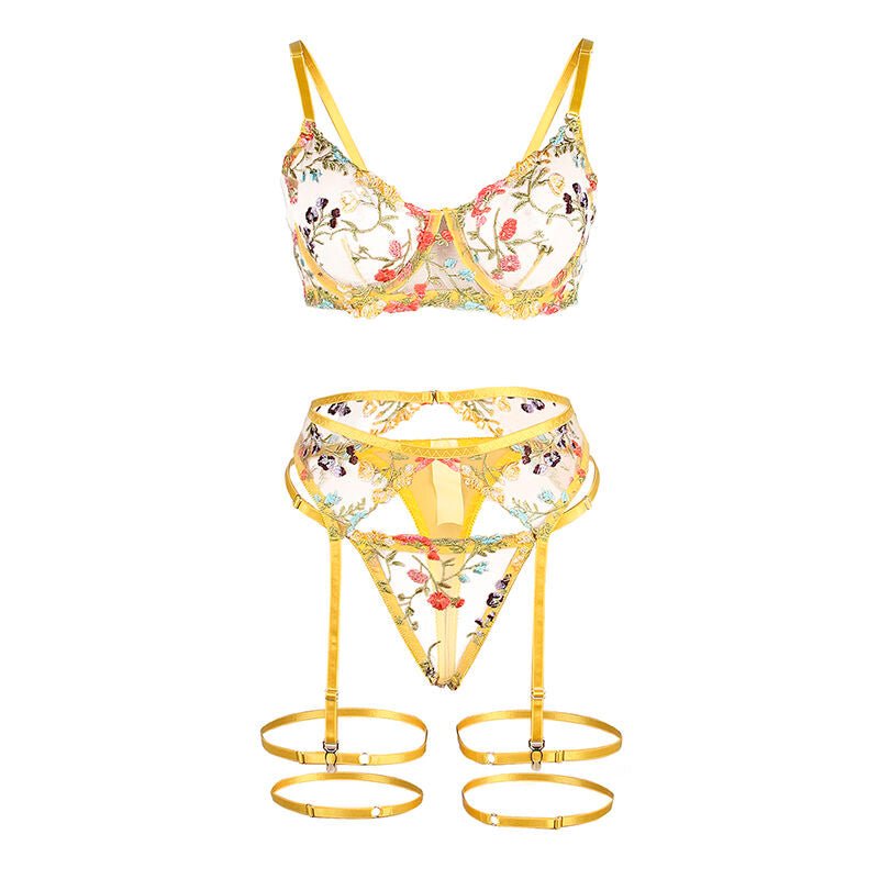 SUBBLIME - 954345 BRA + THONG + GARTER BELT FLORAL DESIGN YELLOW S/M - Toys "n" Us