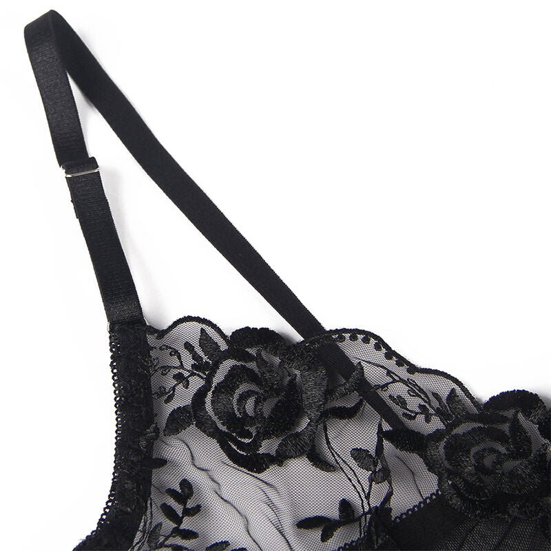 SUBBLIME - SET OF 3 PIECES BRA + THONG + GARTER FLORAL PRINT BLACK L/XL - Toys "n" Us