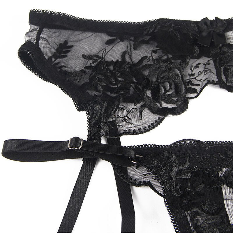 SUBBLIME - SET OF 3 PIECES BRA + THONG + GARTER FLORAL PRINT BLACK L/XL - Toys "n" Us