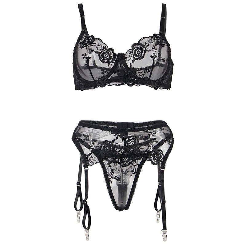 SUBBLIME - SET OF 3 PIECES BRA + THONG + GARTER FLORAL PRINT BLACK L/XL - Toys "n" Us