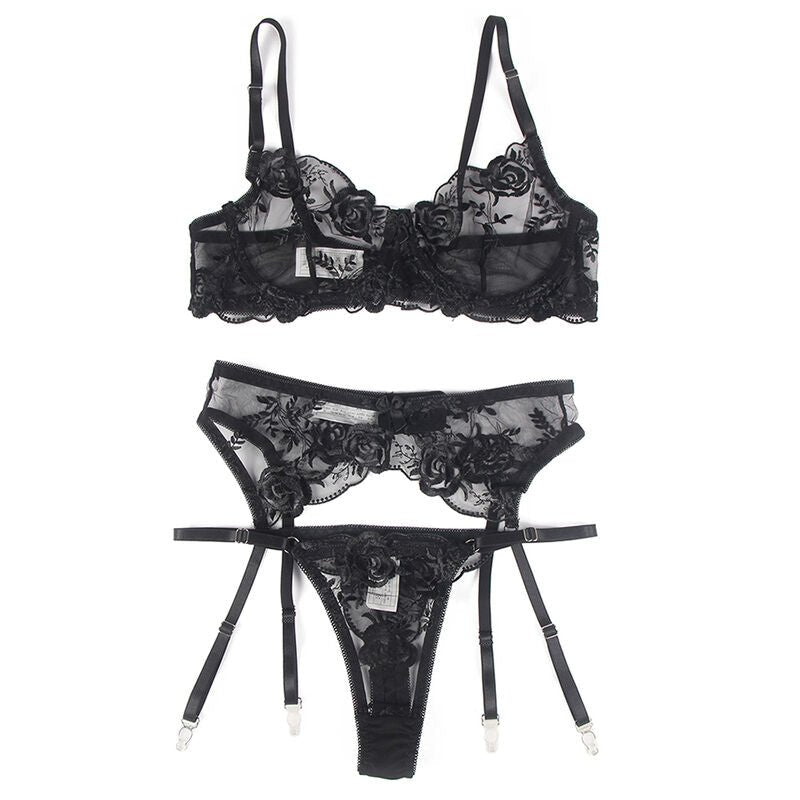 SUBBLIME - SET OF 3 PIECES BRA + THONG + GARTER FLORAL PRINT BLACK L/XL - Toys "n" Us