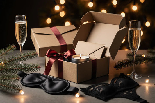 Caja de regalo con vela de masaje, antifaz de satén, lencería y cava
