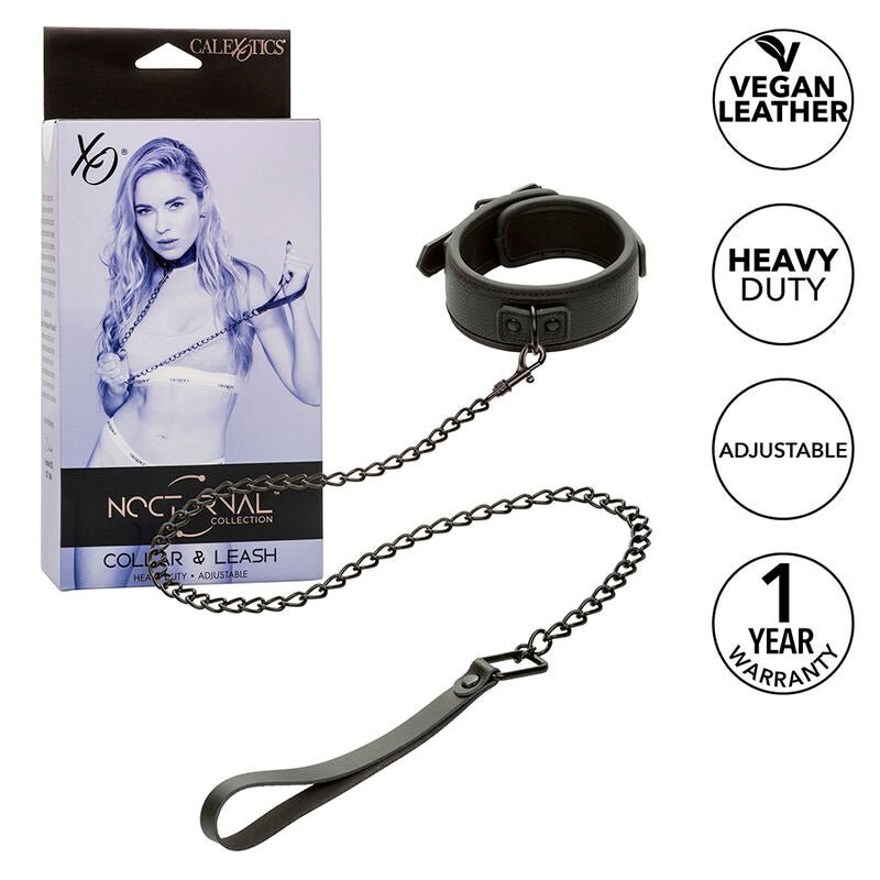 CALEXOTICS - NOCTURNAL COLLAR & LEASH LEATHER ADJUSTABLE BLACK - Toys "n" Us