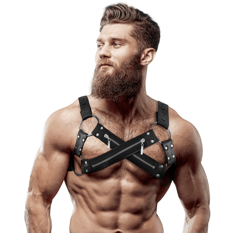 FETISH SUBMISSIVE ATTITUDE - ADJUSTABLE NEOPRENE CROSS - OVER CHEST BULLDOG HARNESS WITH ZIPPERS FOR MEN - Toys "n" Us
