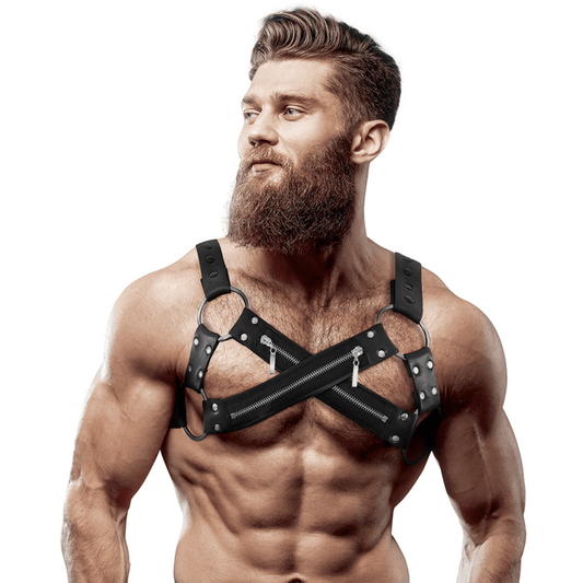 FETISH SUBMISSIVE ATTITUDE - ADJUSTABLE NEOPRENE CROSS - OVER CHEST BULLDOG HARNESS WITH ZIPPERS FOR MEN - Toys "n" Us