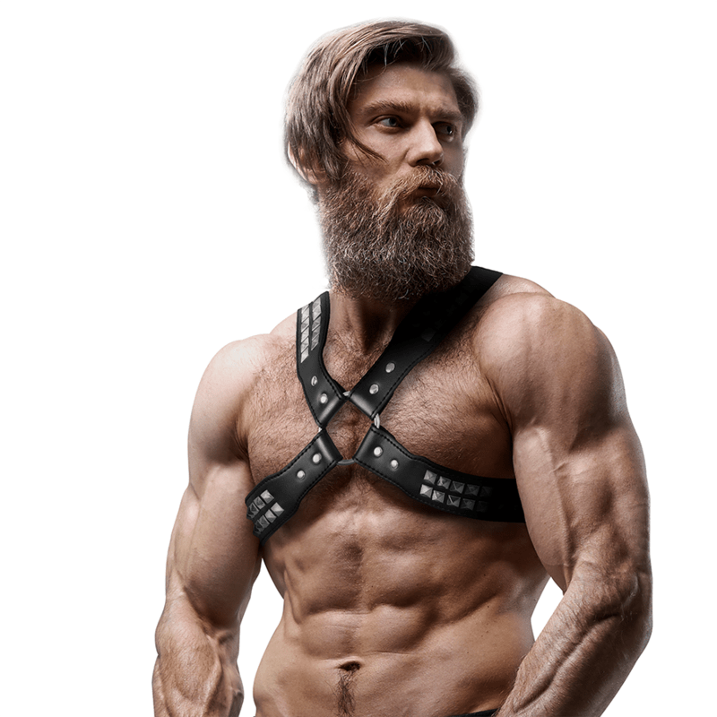 FETISH SUBMISSIVE ATTITUDE - MENS CROSSED CHEST ECO - LEATHER HARNESS WITH RIVETS - Toys "n" Us