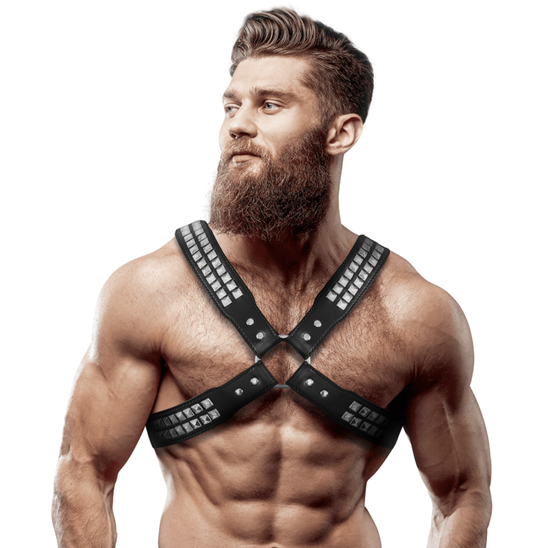 FETISH SUBMISSIVE ATTITUDE - MENS CROSSED CHEST ECO - LEATHER HARNESS WITH RIVETS - Toys "n" Us