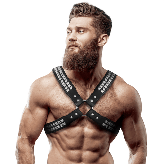 FETISH SUBMISSIVE ATTITUDE - MENS CROSSED CHEST ECO - LEATHER HARNESS WITH RIVETS - Toys "n" Us