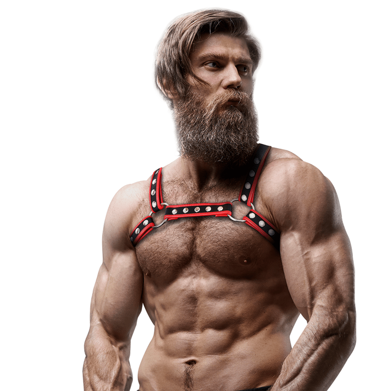FETISH SUBMISSIVE ATTITUDE - MENS ECO - LEATHER CHEST BULLDOG HARNESS BLACK/RED - Toys "n" Us