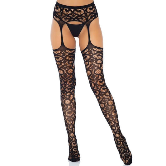 LEG AVENUE - MEIAS DE RENDA COM LIGA E RENDA SCROLL TAMANHO ÚNICO