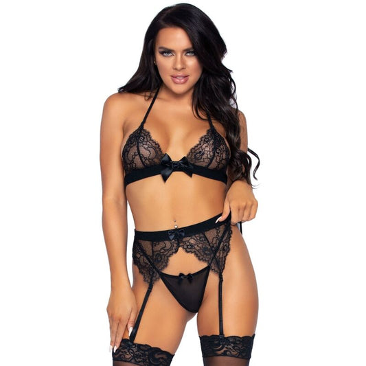 LEG AVENUE - CONJUNTO DE TRES PIEZAS: TOP, LIGUERO Y TANGA L