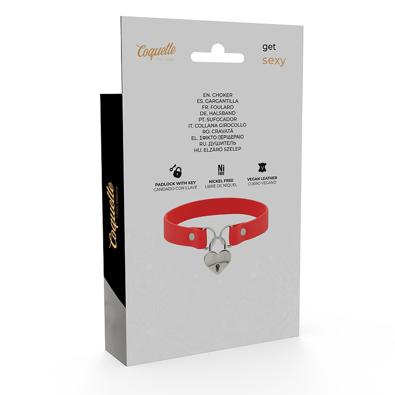 COQUETTE CHIC DESIRE - COLAR DE COURO VEGANO VERMELHO COM ACESSÓRIO DE CORAÇÃO COM CHAVE