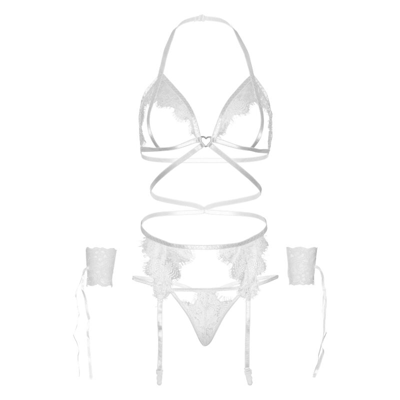 LEG AVENUE - CONJUNTO DE QUATRO PEÇAS: SUTIÃ, TANGA, LIGA E PUNHOS TAMANHO ÚNICO - BRANCO