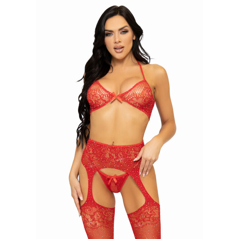 LEG AVENUE - CONJUNTO DE TRES PIEZAS: SUJETADOR, TANGA Y MEDIAS TALLA ÚNICA - ROJO