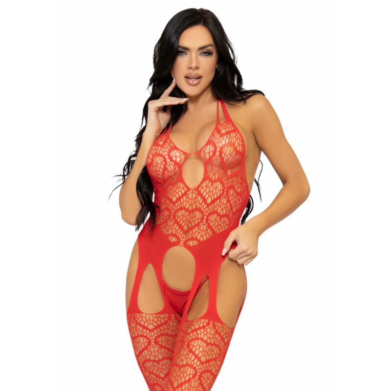 LEG AVENUE - BODYSTOCKING COM SUSPENSÓRIO DE REDE TAMANHO ÚNICO - VERMELHO