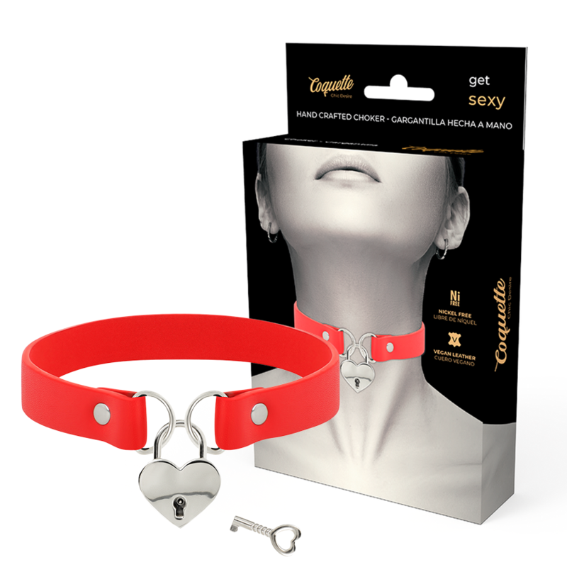 COQUETTE CHIC DESIRE - COLAR DE COURO VEGANO VERMELHO COM ACESSÓRIO DE CORAÇÃO COM CHAVE