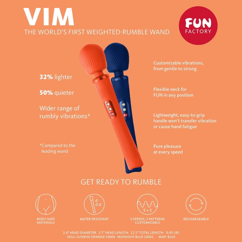 FUN FACTORY - VIM VARITA VIBRADORA DE SILICONA RECARGABLE CON PESO, COLOR NARANJA AMANECER